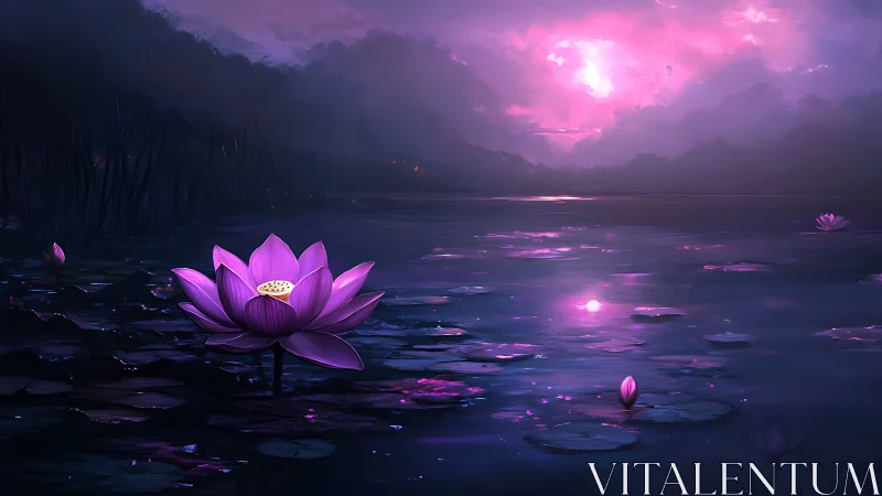Lotus blossom over violet twilight lake horizon.