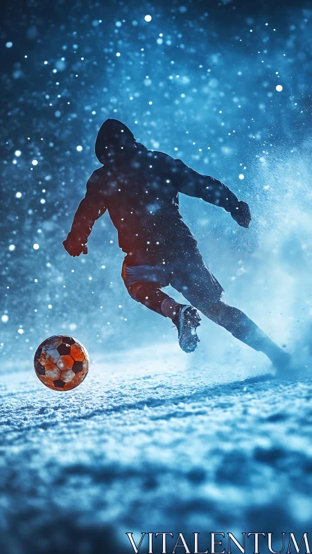 Silhouetted soccer player kicks ball on a snowy illuminated field