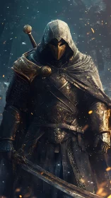 Hooded armored knight stands in burning embers and mist