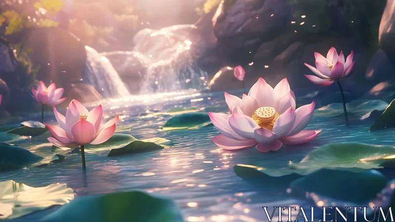 Softly lit lotus pond renders volumetric light and depth of field