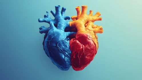 Anatomical Heart Split in Blue and Orange, Digital Art Style.