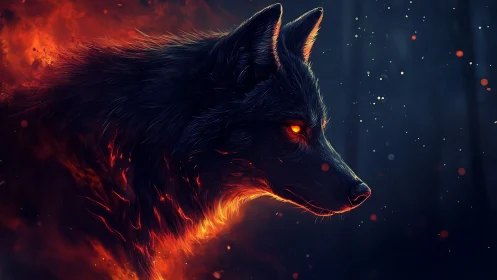 Fiery-eyed black wolf profile in glowing ember light.
