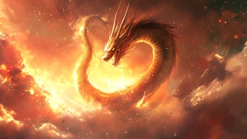 Serpentine dragon coils through fiery clouds in bright sky