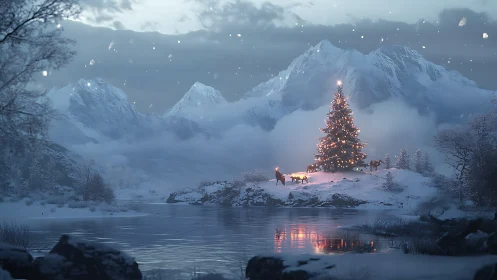 Snowy mountain lake with illuminated Christmas tree island.