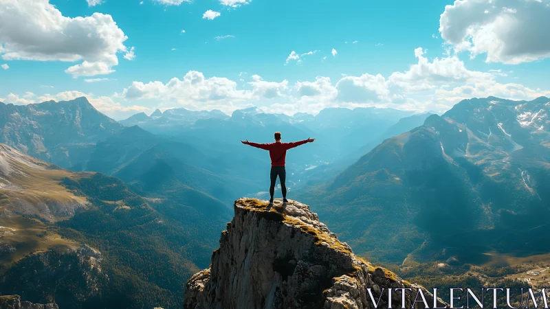 Solitary hiker commands expansive alpine vista from cliff edge