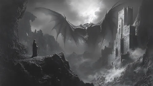Dark robed figure observes winged creature near stone fortress