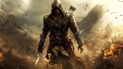 Hooded rogue advances through explosive battlefield storm.