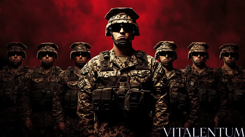 Armored infantry squad stands unified under intense red haze