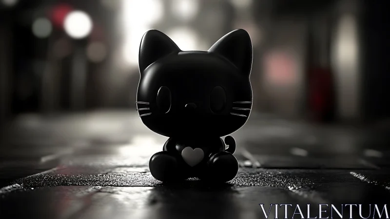 Midnight toy cat cradles a glowing heart on wet pavement