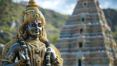 Deity sculpture in ornate gold regalia before blurred gopuram.