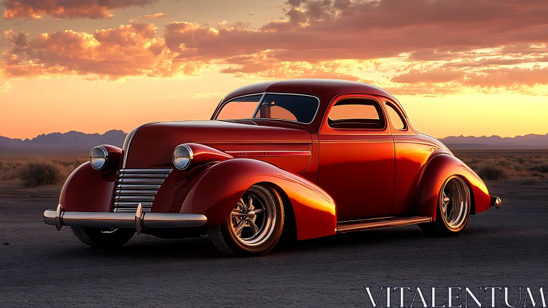 Red classic coupe hot rod parked on desert road at sunset