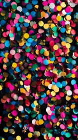 Multicolored circular confetti covers dense black background
