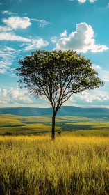 Isolated savanna tree under high-contrast cumulus sky.
