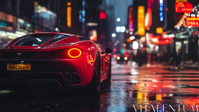 Red sports car sits in rainy neon city street at night