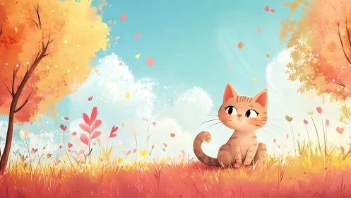 Digital Illustration: Cat in Autumn Landscape with Falling Leaves