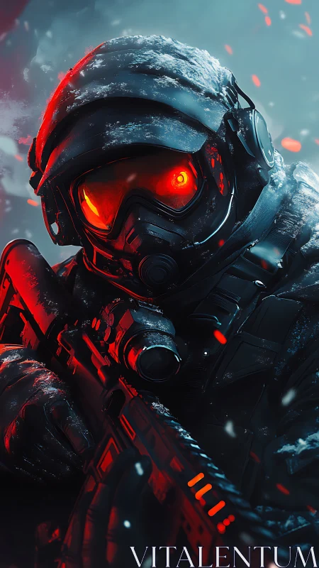 Cybernetic snow operative with red-lumined visor and rifle armor.