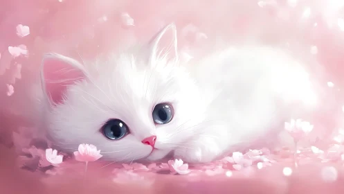 Porcelain Dream: White Kitten Nestled in Blooming Pink Reverie
