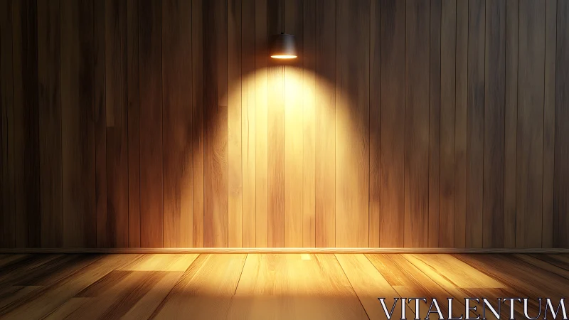 Photorealistic wooden interior with focused wall spotlighting.