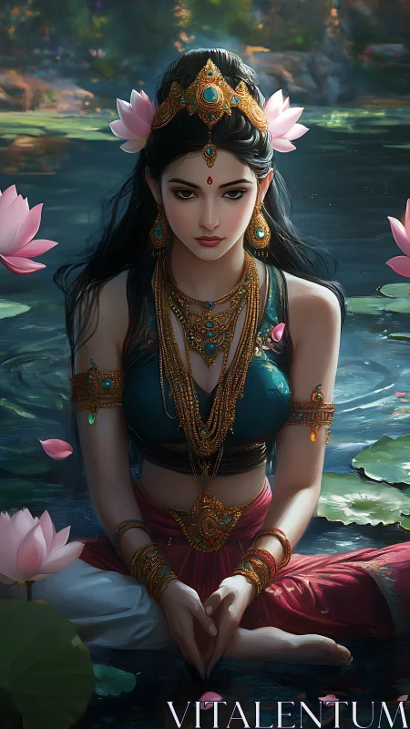 Digital painting of meditative lotus goddess with jeweled regalia.