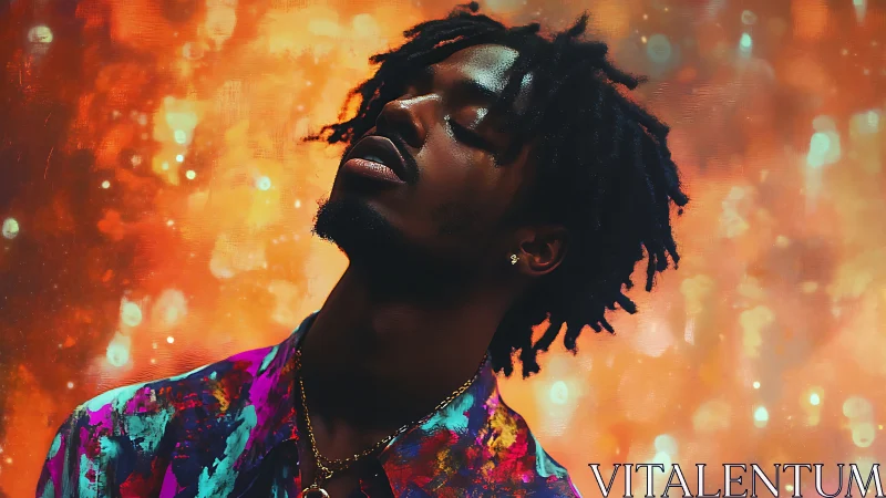 Portrait of man in patterned shirt against abstract lights.