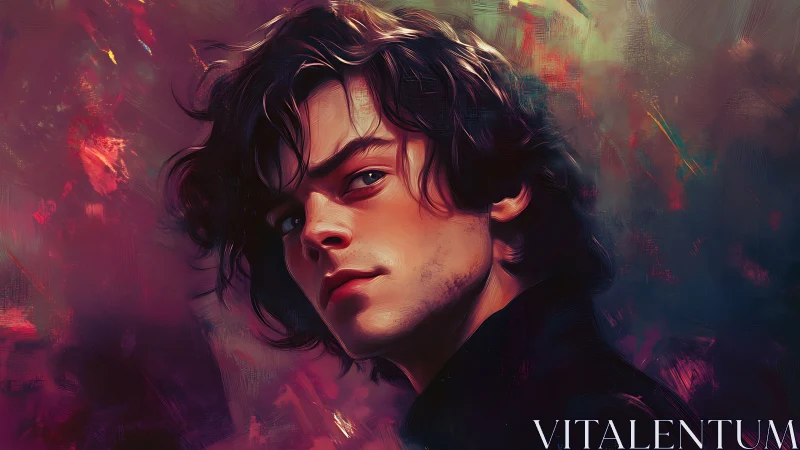 Brooding portrait bathed in neon brushstrokes and shadowed light.