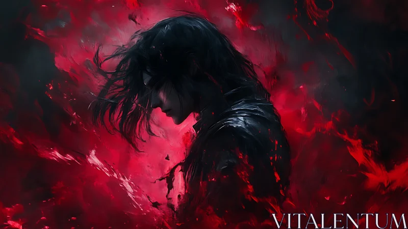 Solitary dark figure engulfs red swirling abstract flames