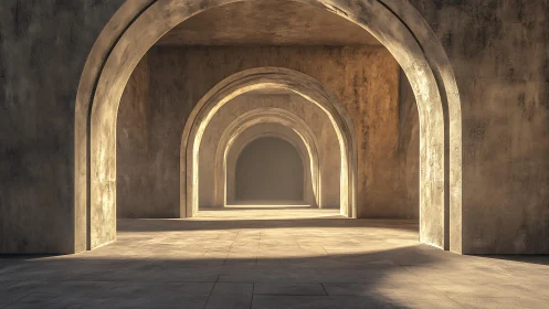 Sunlit concrete arcade with repeating barrel vault arches