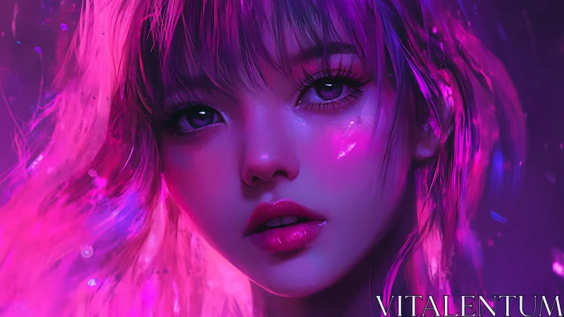 Dreamy neon portrait of a girl glowing in soft purple light.