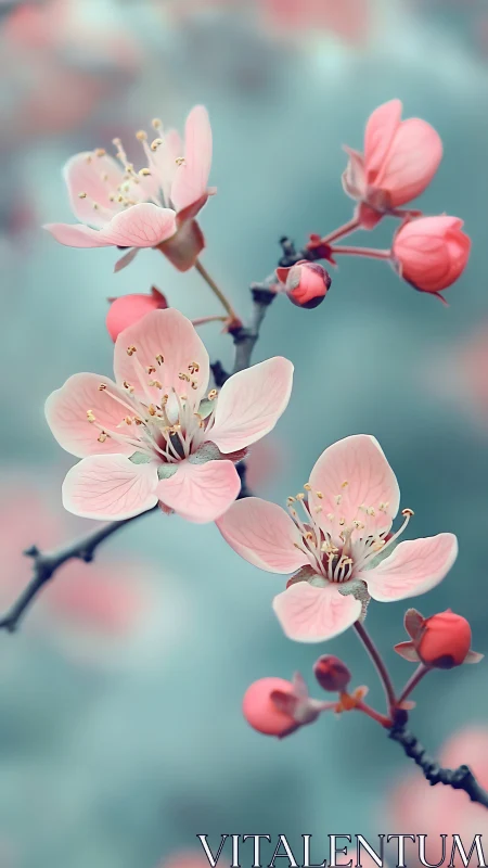Delicate Pink Blossoms Against Soft Turquoise Background.