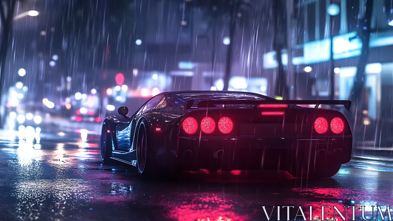 Rear-lit supercar on neon-soaked rainy cyberpunk boulevard