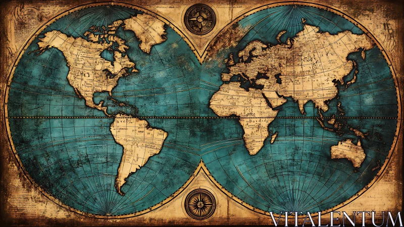 Vintage double-hemisphere world map in teal and sepia tones.