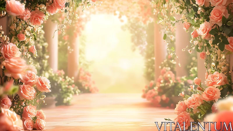 Floral Garden Archway with Cascading Roses and Golden Light