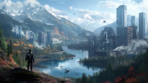 Hiker observing futuristic lakeside city in mountains.
