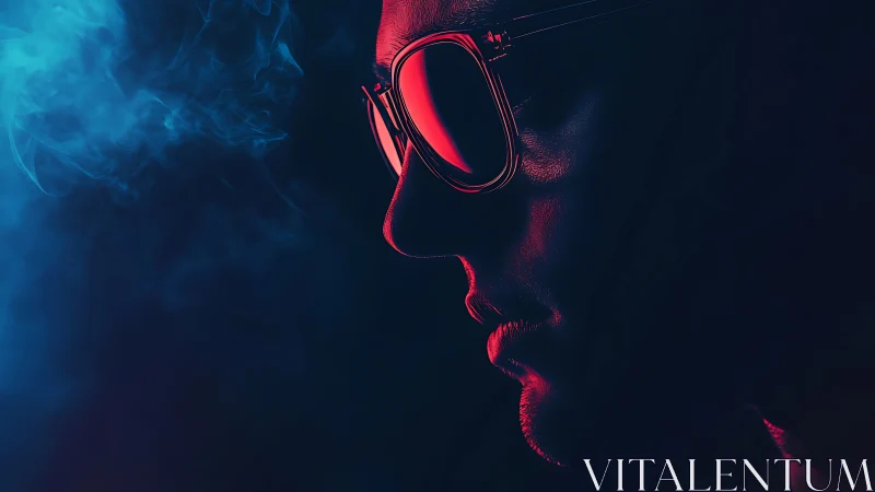 Side profile with sunglasses in red and blue neon light.