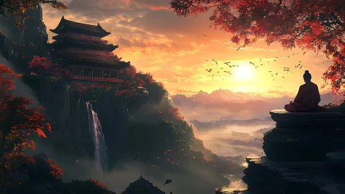 Monk overlooking mountain temple, waterfall and sunset valley.