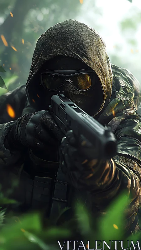 Hooded tactical soldier aiming handgun in forest scene.