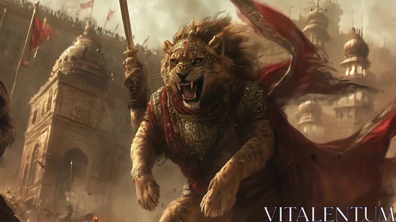 Regal tiger warlord charges through ancient sandstone citadel.