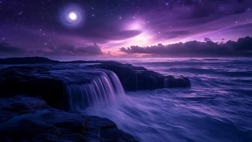Moonlit violet seascape with cascading ocean falls.