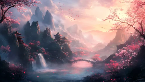 Mystic cherry blossom valley with temples at sunrise