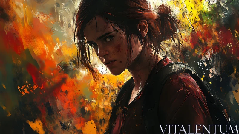 Battle-worn young survivor portrait in fiery abstract chaos