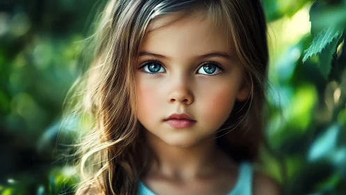 Emerald-Eyed Wonder: Child's Gaze Pierces Through Dappled Forest Light