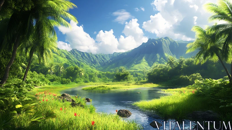 Tropical mountain lagoon under vivid midday sunlight.