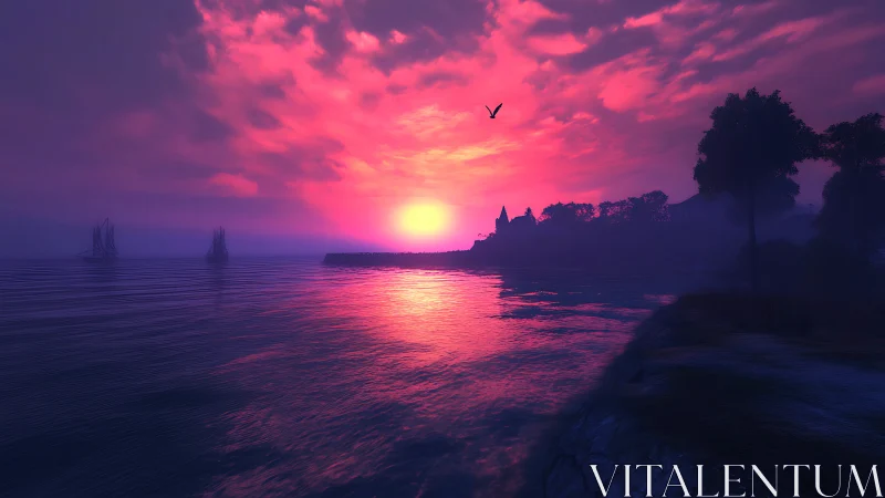 Coastal inlet with silhouetted trees under magenta sunset.