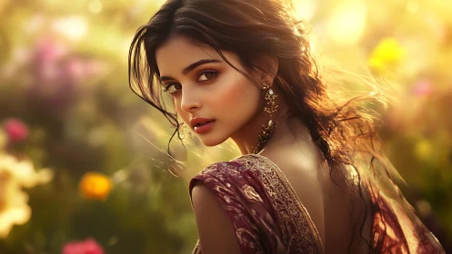 Elegant woman in traditional attire in dreamy golden sunlight.