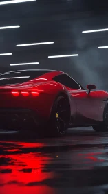 Cinematic rear three-quarter view of red supercar in neon garage
