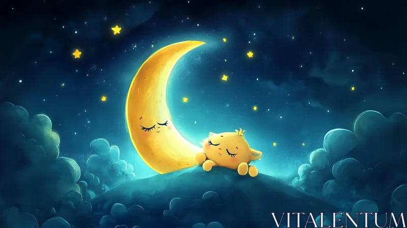 Moon and sleepy star share a peaceful bedtime glow tonight