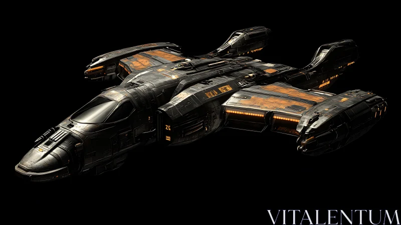 Futuristic spacecraft model is rendered against black background