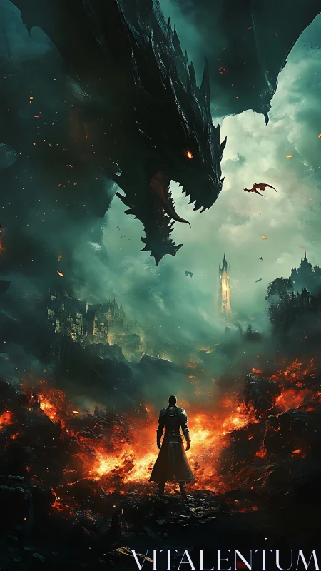 Lone armored warrior confronts colossal dragon over burning city.