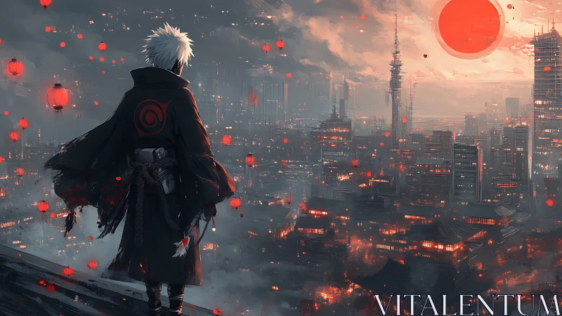 Lone masked warrior overlooks neon city at burning sunset.