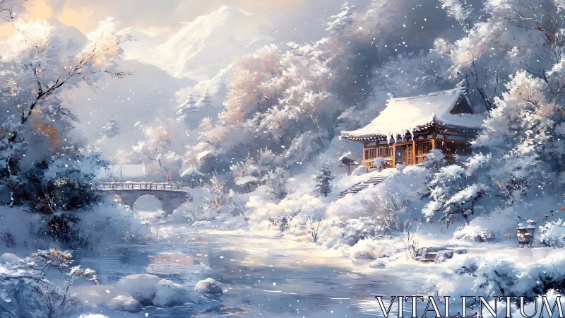 Snow-laden riverside shrine and stone bridge in alpine valley